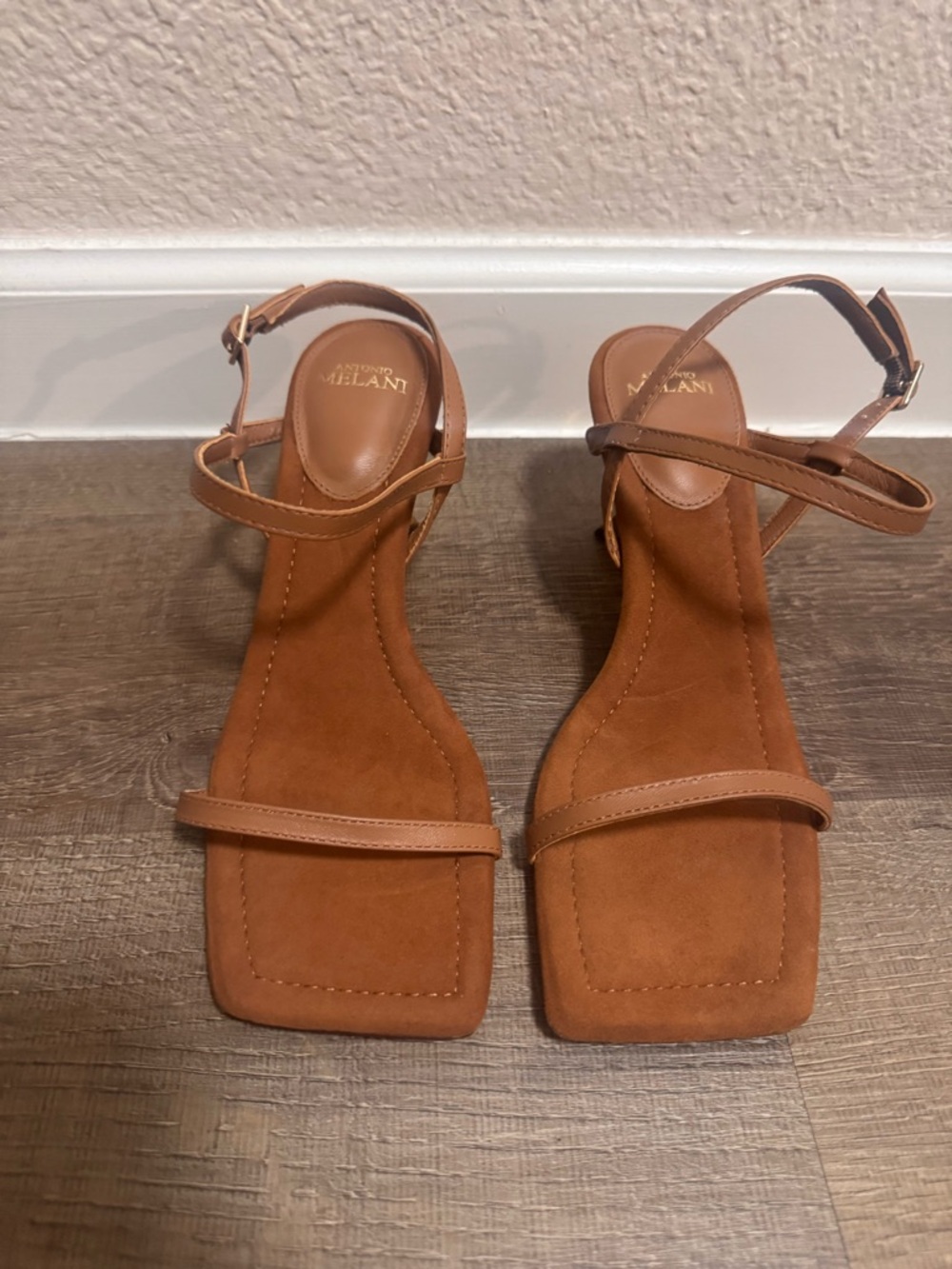 ANTONIO MELANI Cognac Tan Square-Toe Strappy Sandals